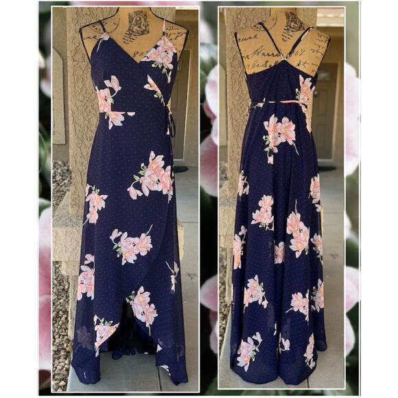 Lulu's Wrap Navy Blue Floral Print Polka Dot Loiselle Maxi Dress Size L - Picture 6 of 17
